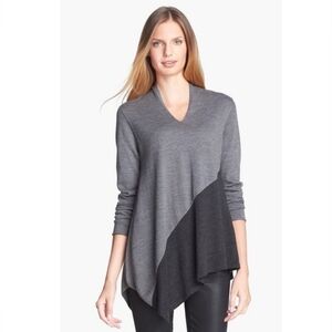 Eileen Fisher Sweater V-Neck Longsleeve Gray Colorblock S Merino Wool Size S
